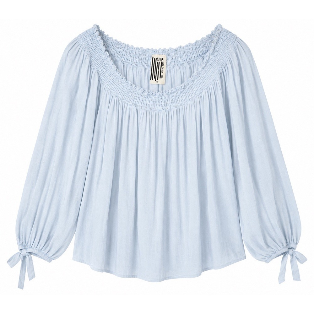 Free‎ People Blouse S Ice Blue USA Made Boho Peasant Smocked Cottagecore